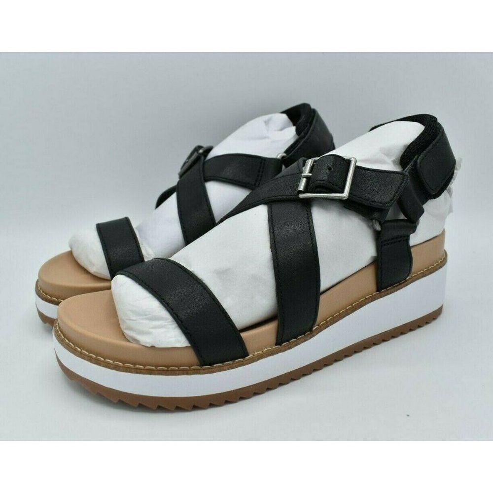 Lucky Brand Women Size 9.5 Idenia Wedge Strappy Black Saddle Leather Sandal Shoe